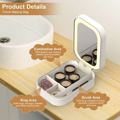 1Pc Portable Travel Makeup Bag With LED Mirror Rechargeable Beauty Mirror With 3 Color Light Dimmable Brightness Waterproof Cosmetic Bag With 4 Compartments Ideal Gift For Women