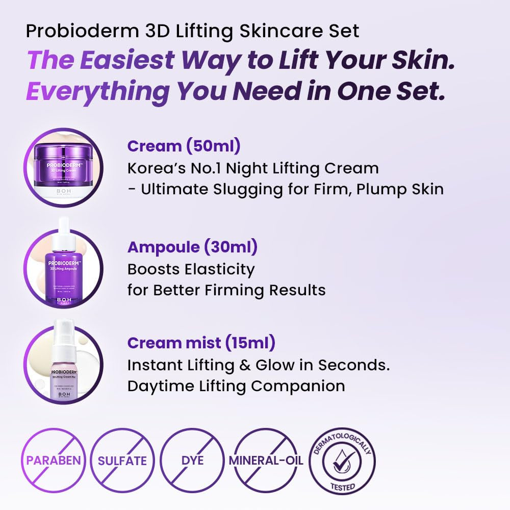 Probioderm 3D Lifting Skincare Set | Cardi B'S Korean Night Cream, Serum & Face Mist for Lifting & Firming | Perfect Anti-Aging Routine for Dry, Dull, Saggy Skin | Mother’S Day Gift