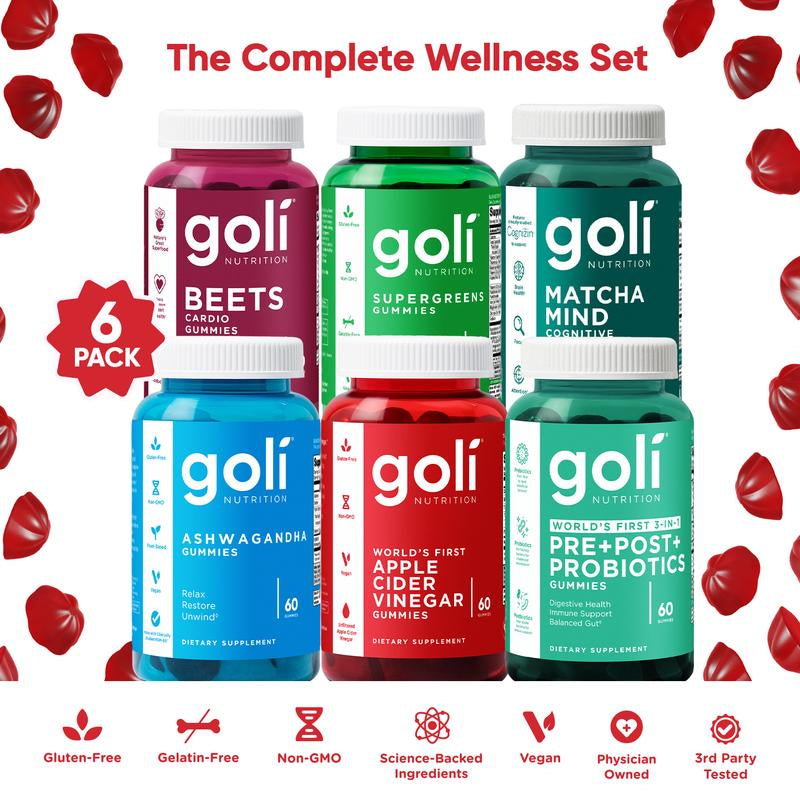 Goli Complete Wellness Bundle - 6-Pack of 3-in-1 Pre, Post, Probiotic Gummies with Apple Cider Vinegar, Vitamin B12, Ashwagandha, Matcha, Beets, and Super Greens - Vegan, Non-GMO, Gluten-Free!