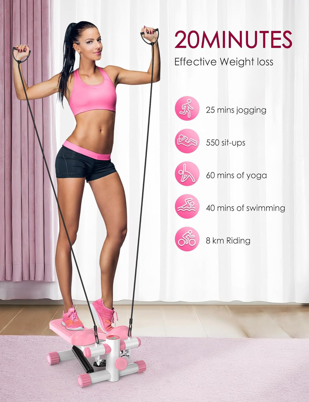 Steppers for Exercise at Home,  Mini Stepper with Resistance Bands, Portable Stair Stepper for Home 330LBS Capacity, Adjustable Height Fitness Stepper Machine