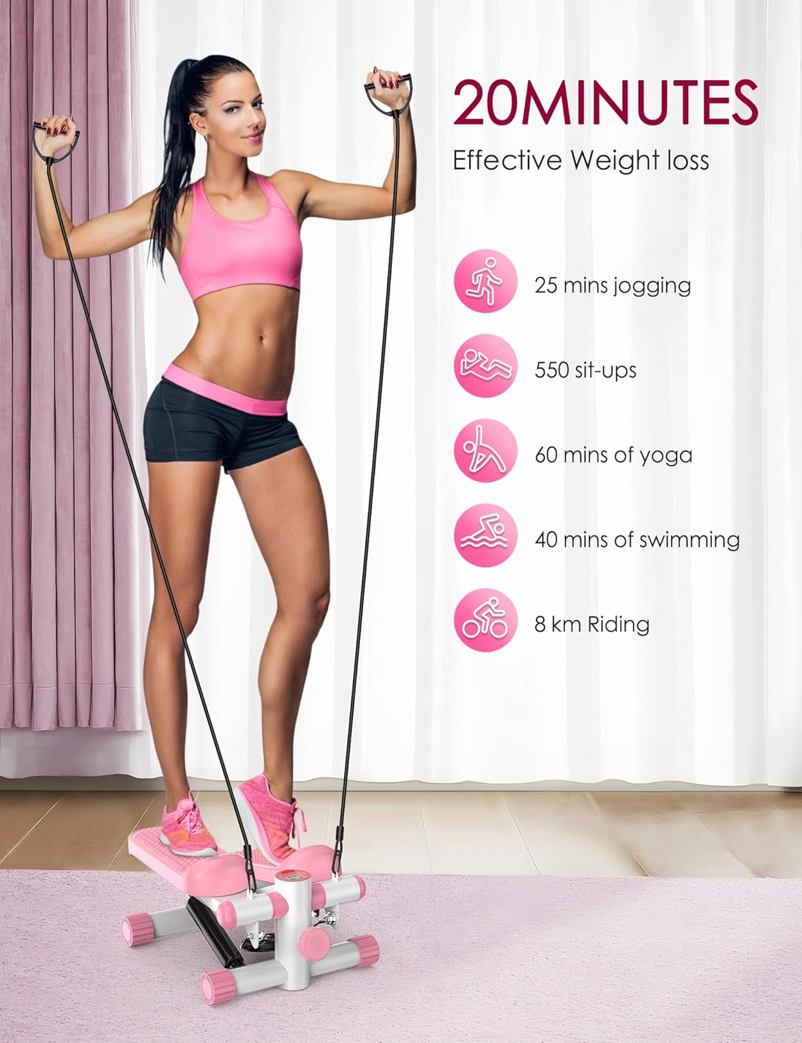 Steppers for Exercise at Home,  Mini Stepper with Resistance Bands, Portable Stair Stepper for Home 330LBS Capacity, Adjustable Height Fitness Stepper Machine