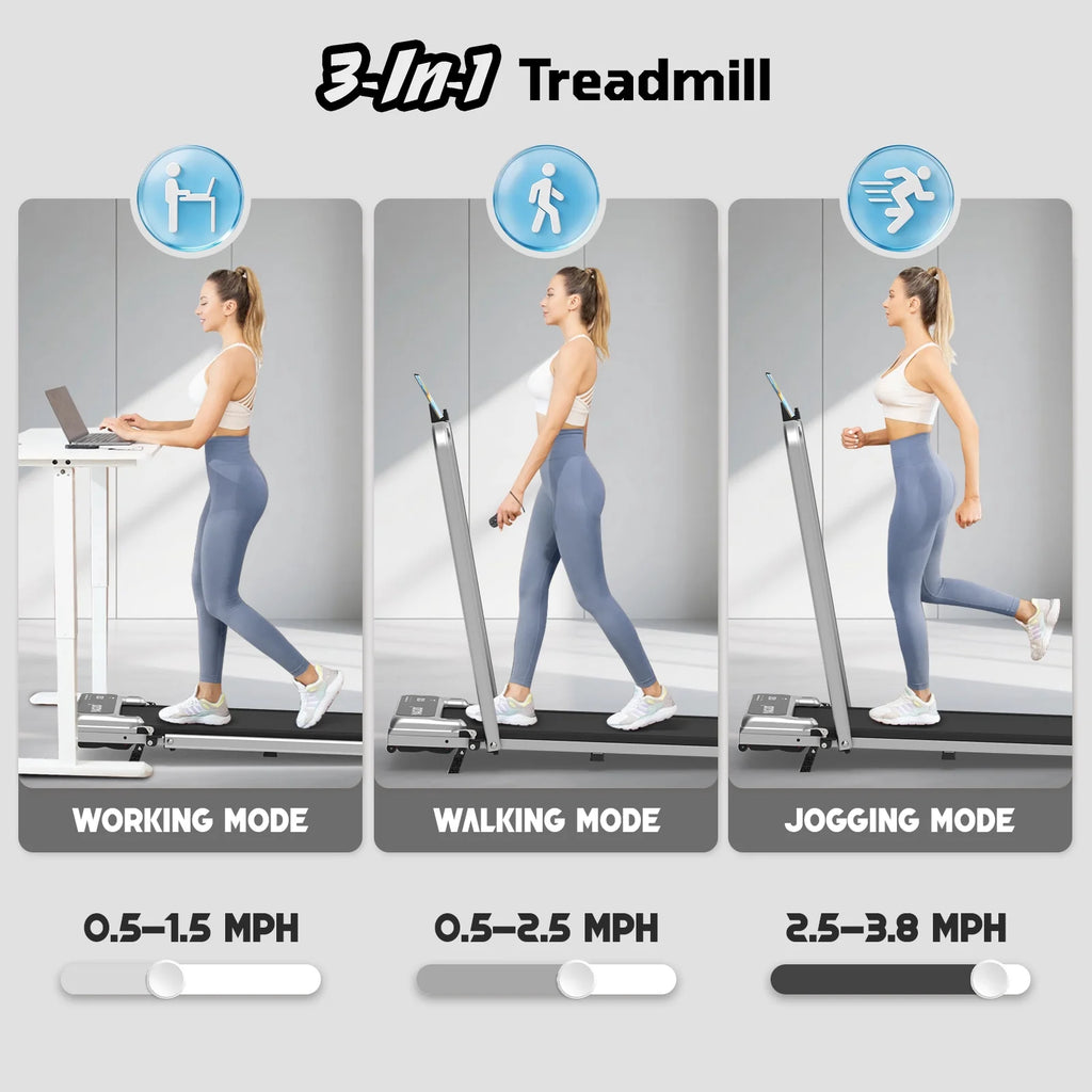 Walking Pad Treadmill with Handle Bar and Adjustable Incline, 3.8HP Portable Electric Treadmills with Wheels for Home, Home Treadmills with Incline, 0.5-3.8MPH, Silver