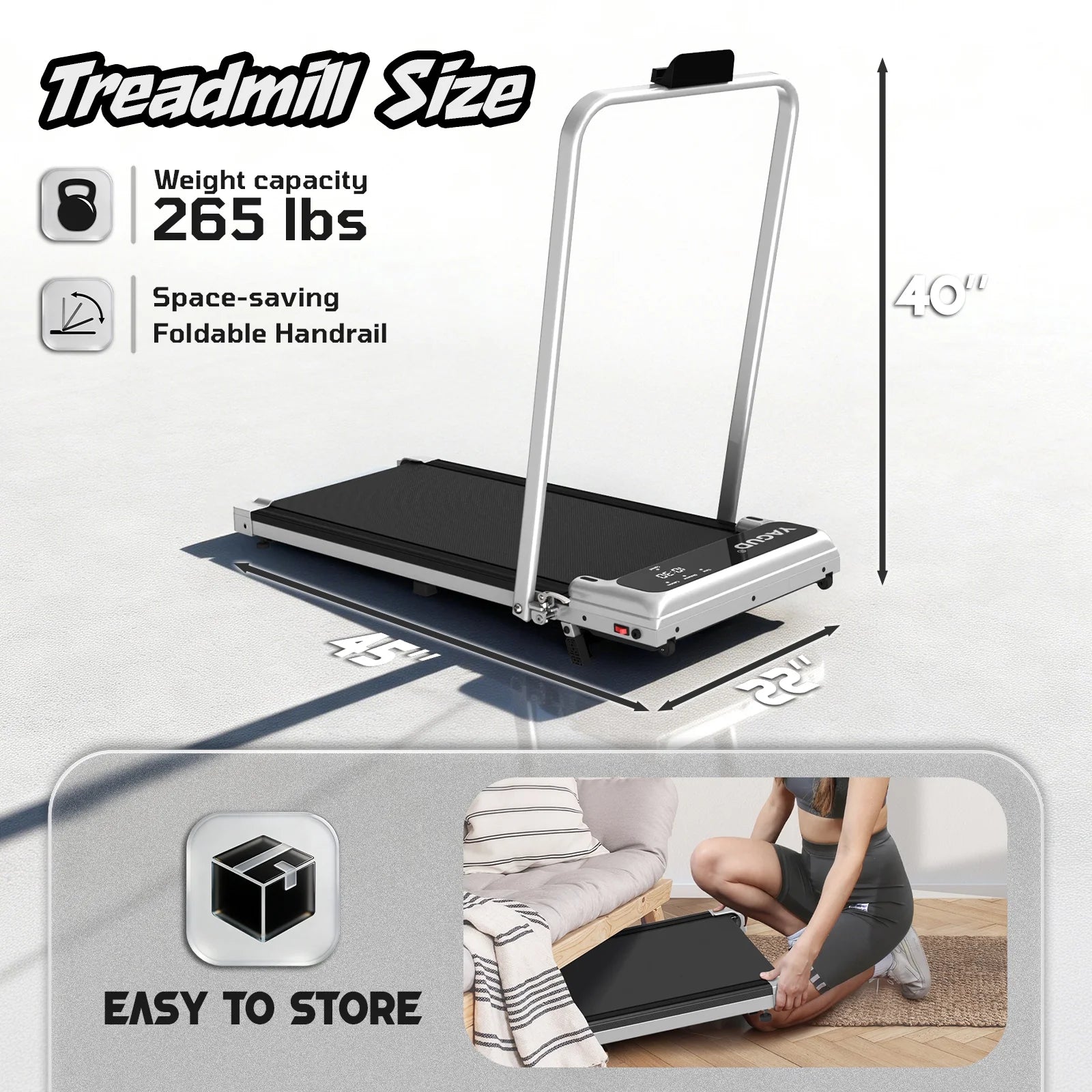 Walking Pad Treadmill with Handle Bar and Adjustable Incline, 3.8HP Portable Electric Treadmills with Wheels for Home, Home Treadmills with Incline, 0.5-3.8MPH, Silver