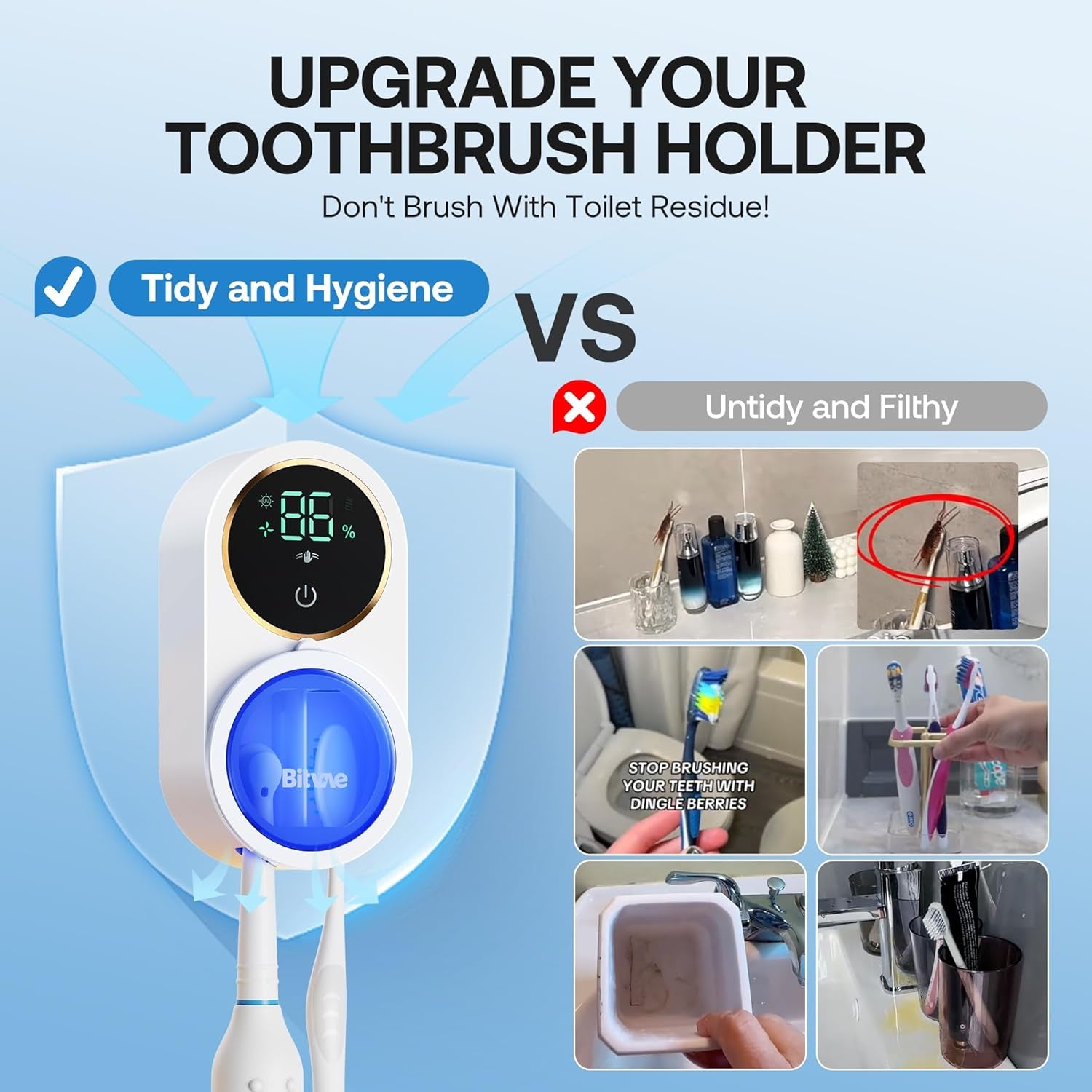 Upgraded Tooth Brush Holder for Bathroom 2.0, Infrared Sensing Toothbrush Cleaner, Wall-Mounted for Most Size Toothbrushes, Air Drying, LED Smart Screen, White Gold Trim