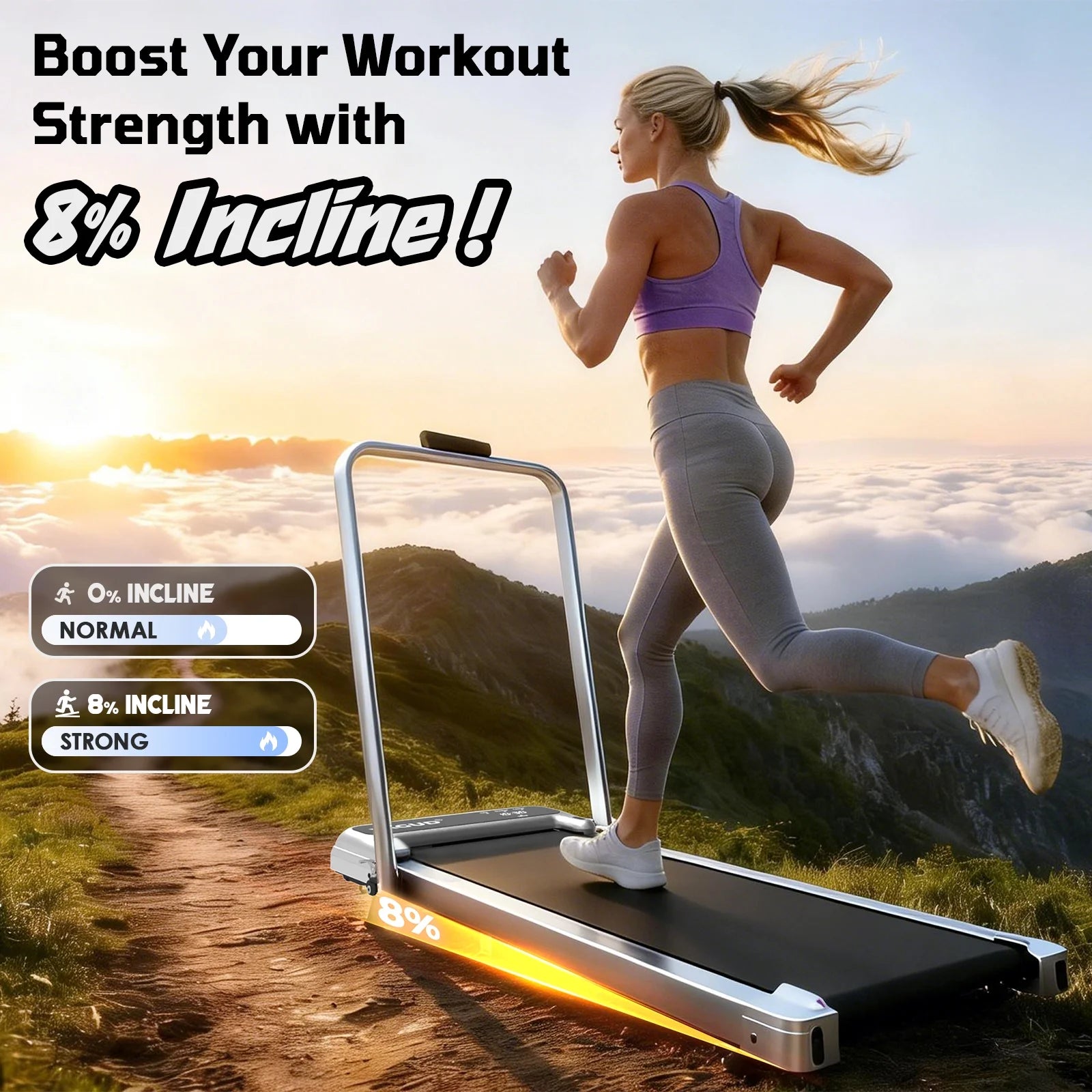 Walking Pad Treadmill with Handle Bar and Adjustable Incline, 3.8HP Portable Electric Treadmills with Wheels for Home, Home Treadmills with Incline, 0.5-3.8MPH, Silver