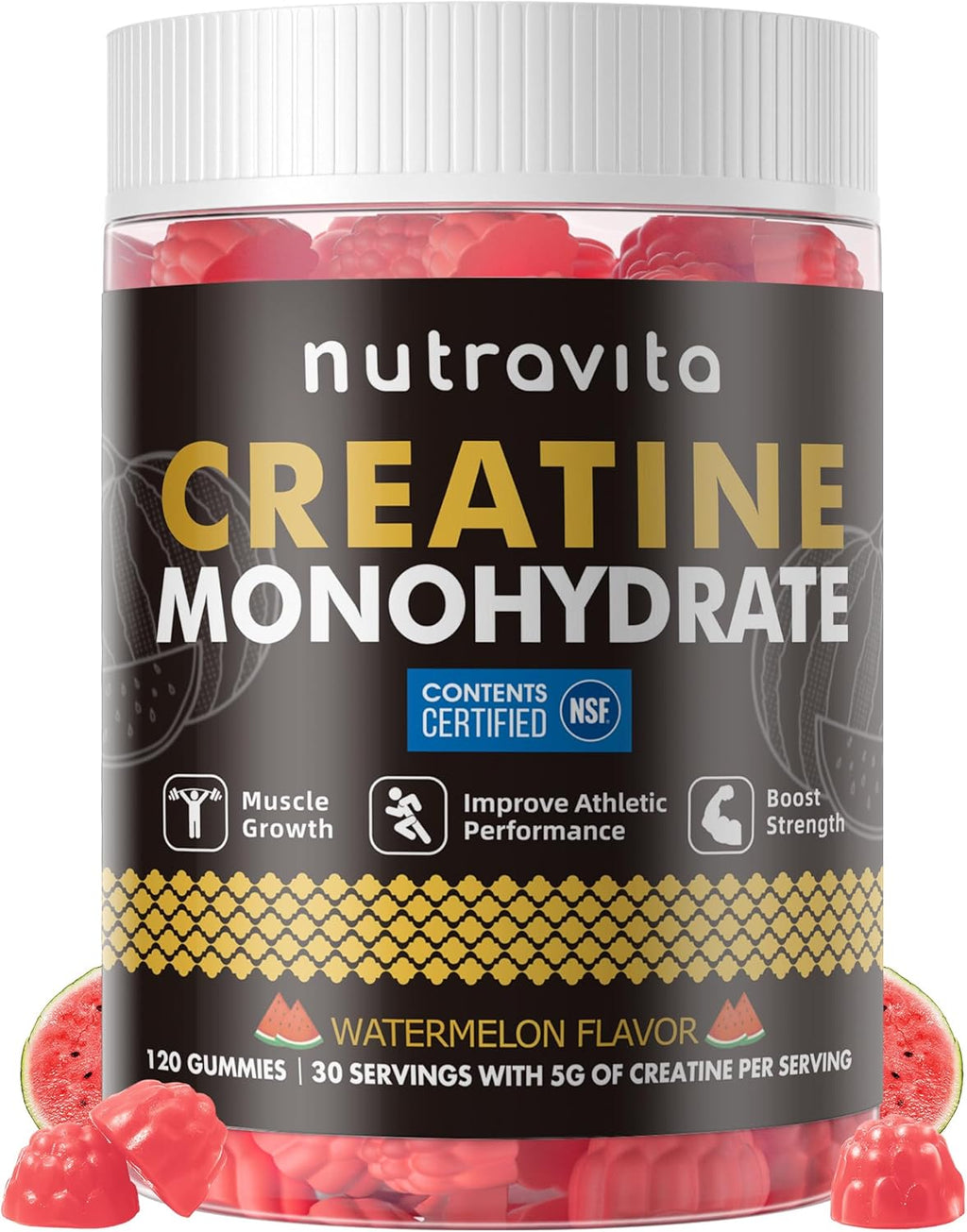 NSF Certified Creatine Gummy - Creatine Monohydrate Gummies for Men & Women, Creatine Monohydrate for Muscle Strength, Muscle Builder, Energy Boost, Pre-Workout Supplement(120 Count)-Watermelon Flavor
