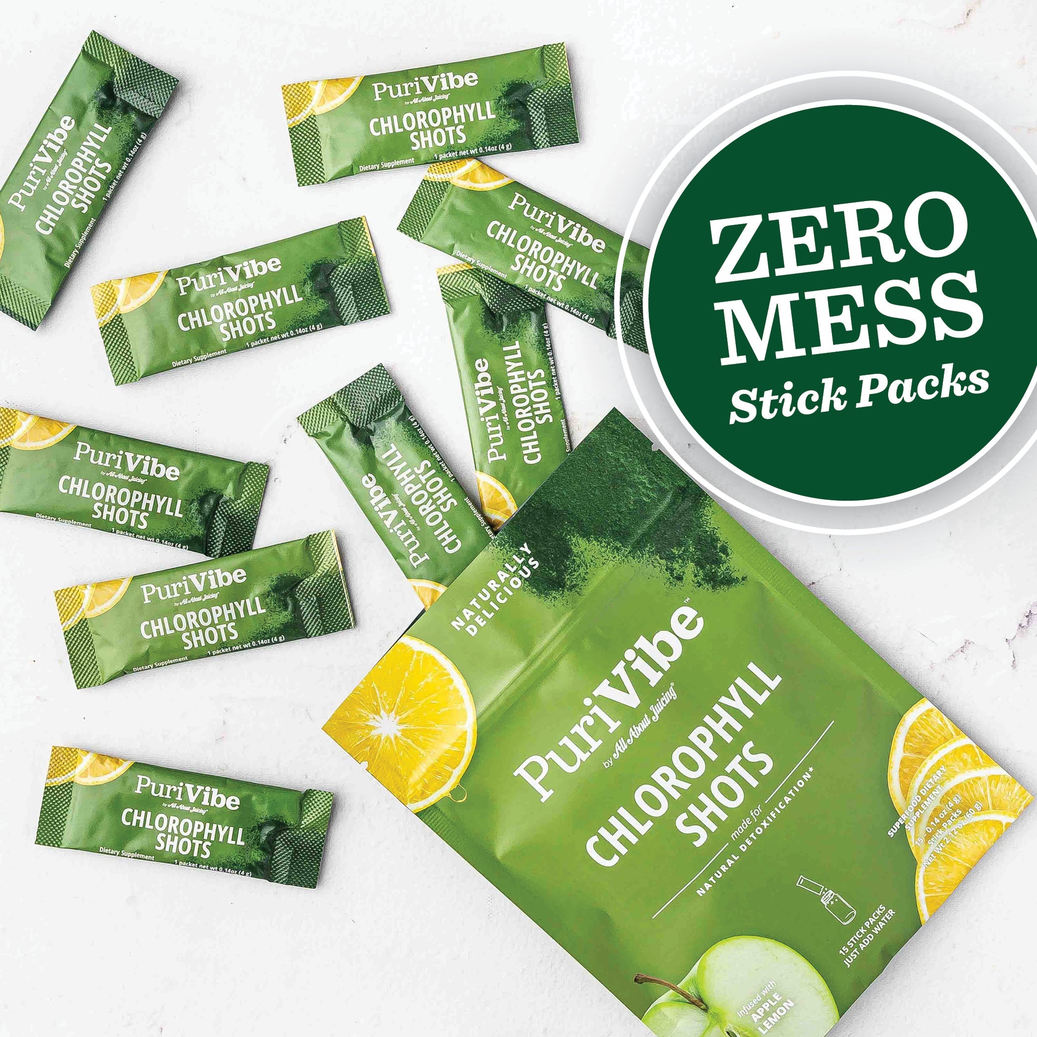 PuriVibe Chlorophyll & Lemon Juice Shots - Wellness Shot, Superfood Supplement Powder - Green Juice - Supports Detox & Gut Health