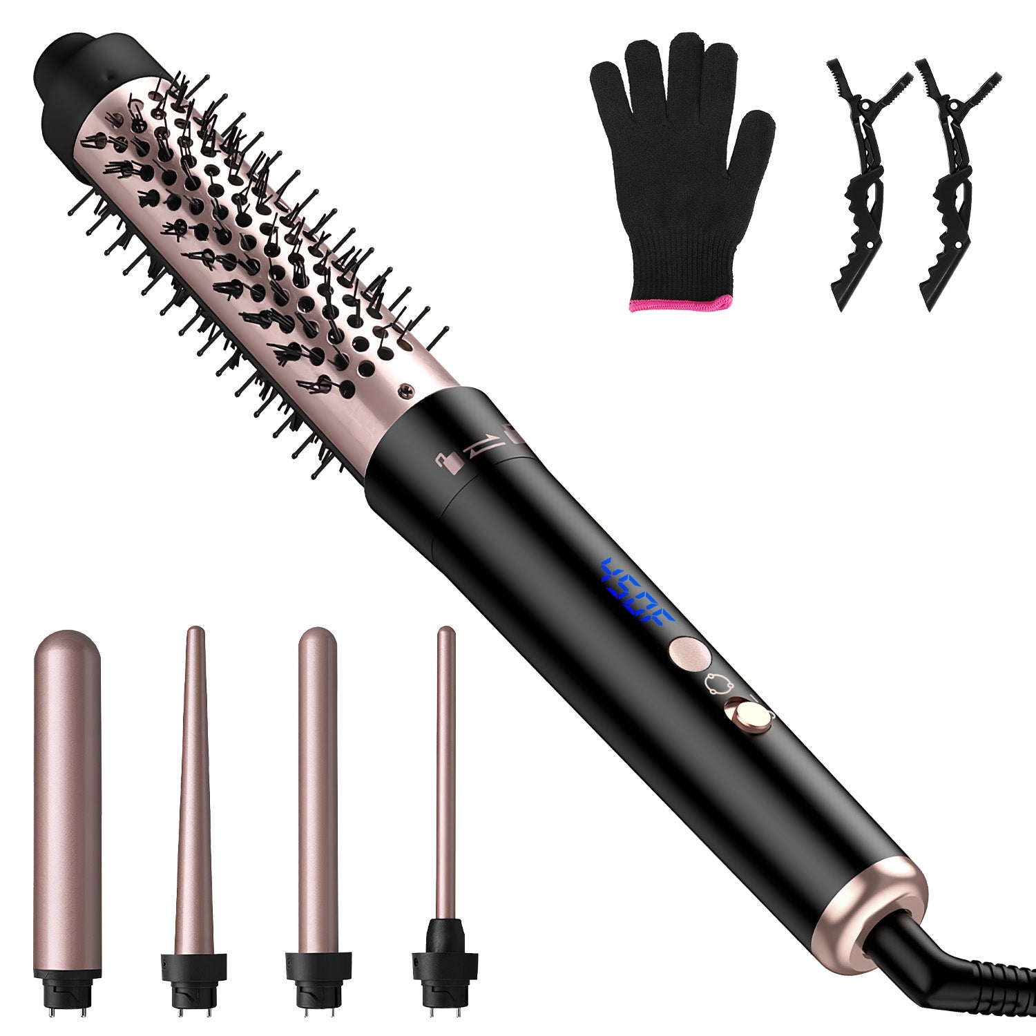 2 Type Options--1Pc 5 In 1 Curling Wand Hair Curling Iron Brush Anti-Tangle Hair Thermal Brush Curler With 4 Heating Levels 360 Degree Rotatable Cable 5 Interchangeable Barrels 2 Clips 1H Auto Off