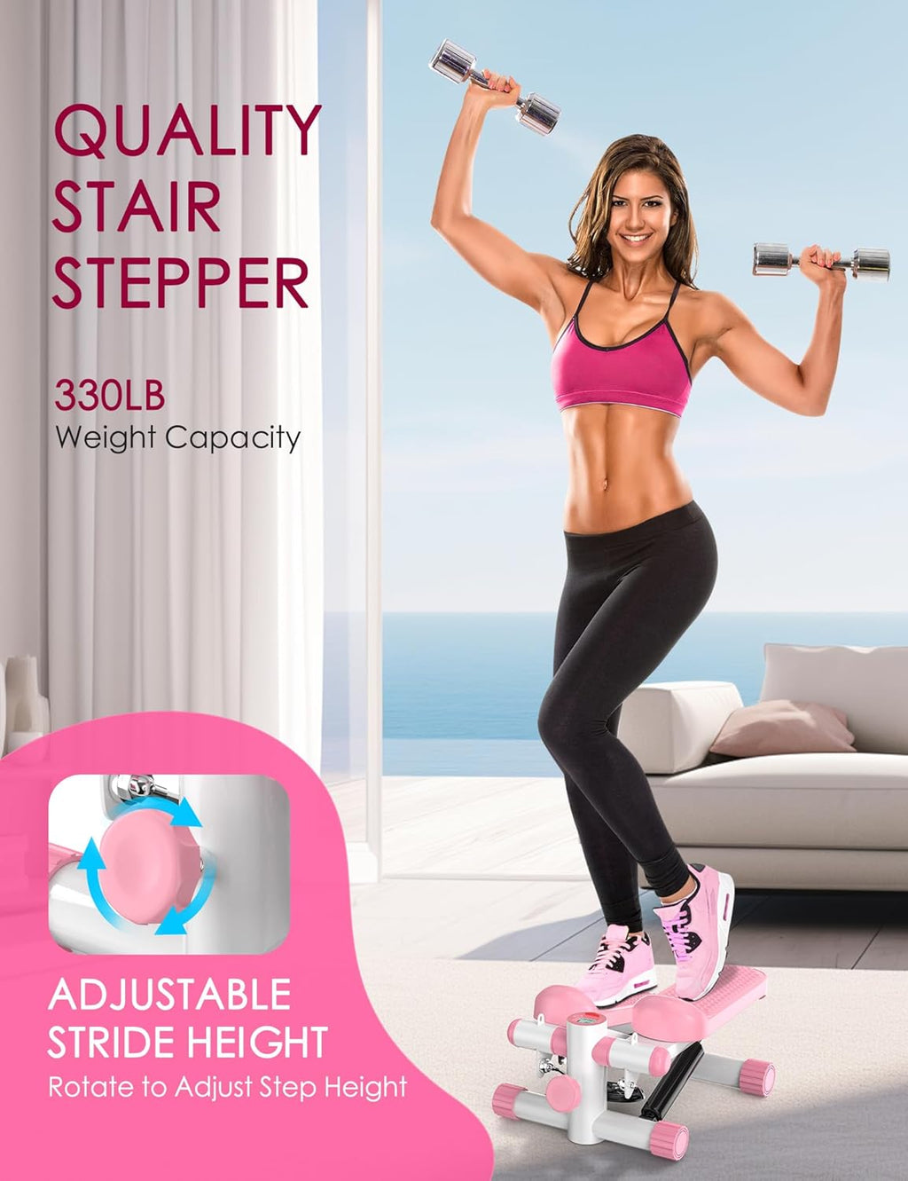 Steppers for Exercise at Home,  Mini Stepper with Resistance Bands, Portable Stair Stepper for Home 330LBS Capacity, Adjustable Height Fitness Stepper Machine