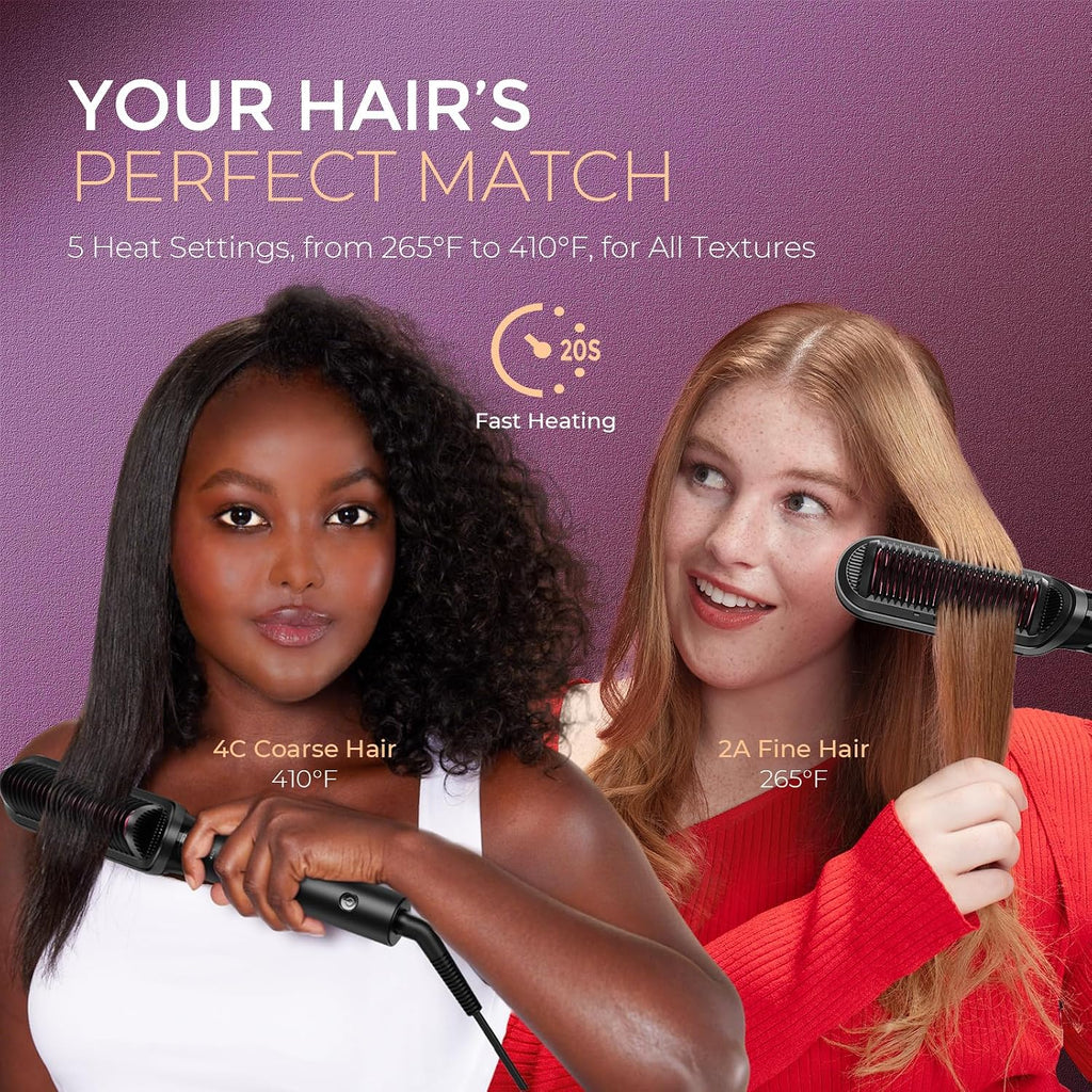 Flat Iron Hair Straightener Brush 2 in 1, 200M Ions Hair Straighteners for Women, Ceramic Straightening Hot Comb for Anti-Frizz Straights, Waves, Curl, 3X Less Heat Damage, Dual Voltage, Black