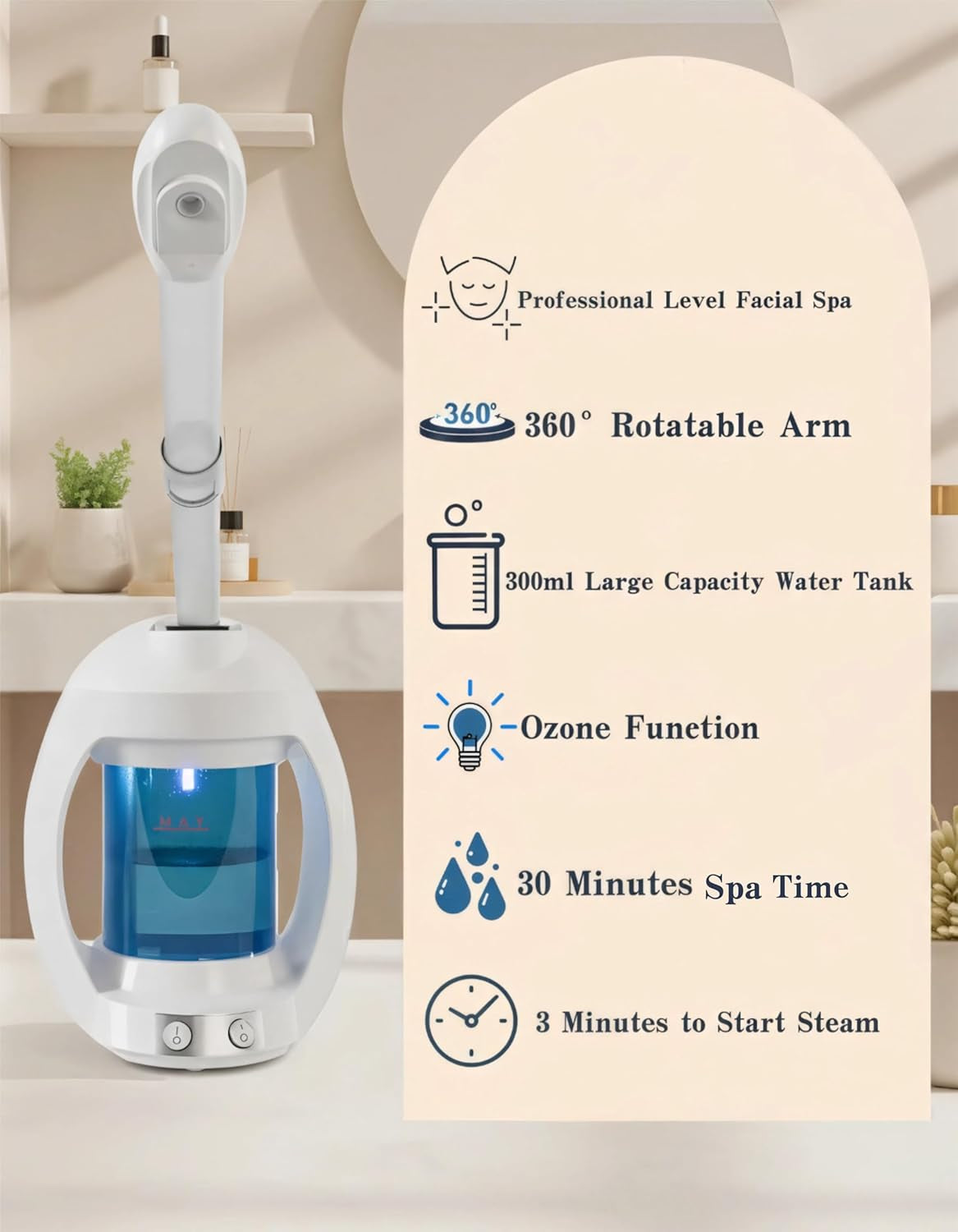 Facial Steamer, Face Steamer for Esthetician and Nano Ionic Portable Ozone Hair Steamer, Professional Facial Steamer for Home Facial Spa(White)