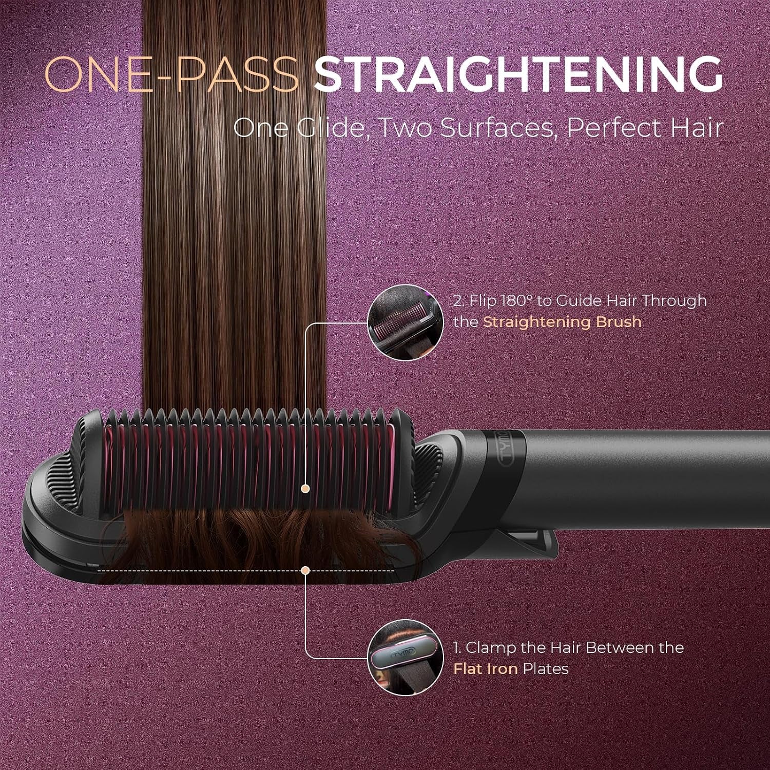 Flat Iron Hair Straightener Brush 2 in 1, 200M Ions Hair Straighteners for Women, Ceramic Straightening Hot Comb for Anti-Frizz Straights, Waves, Curl, 3X Less Heat Damage, Dual Voltage, Black