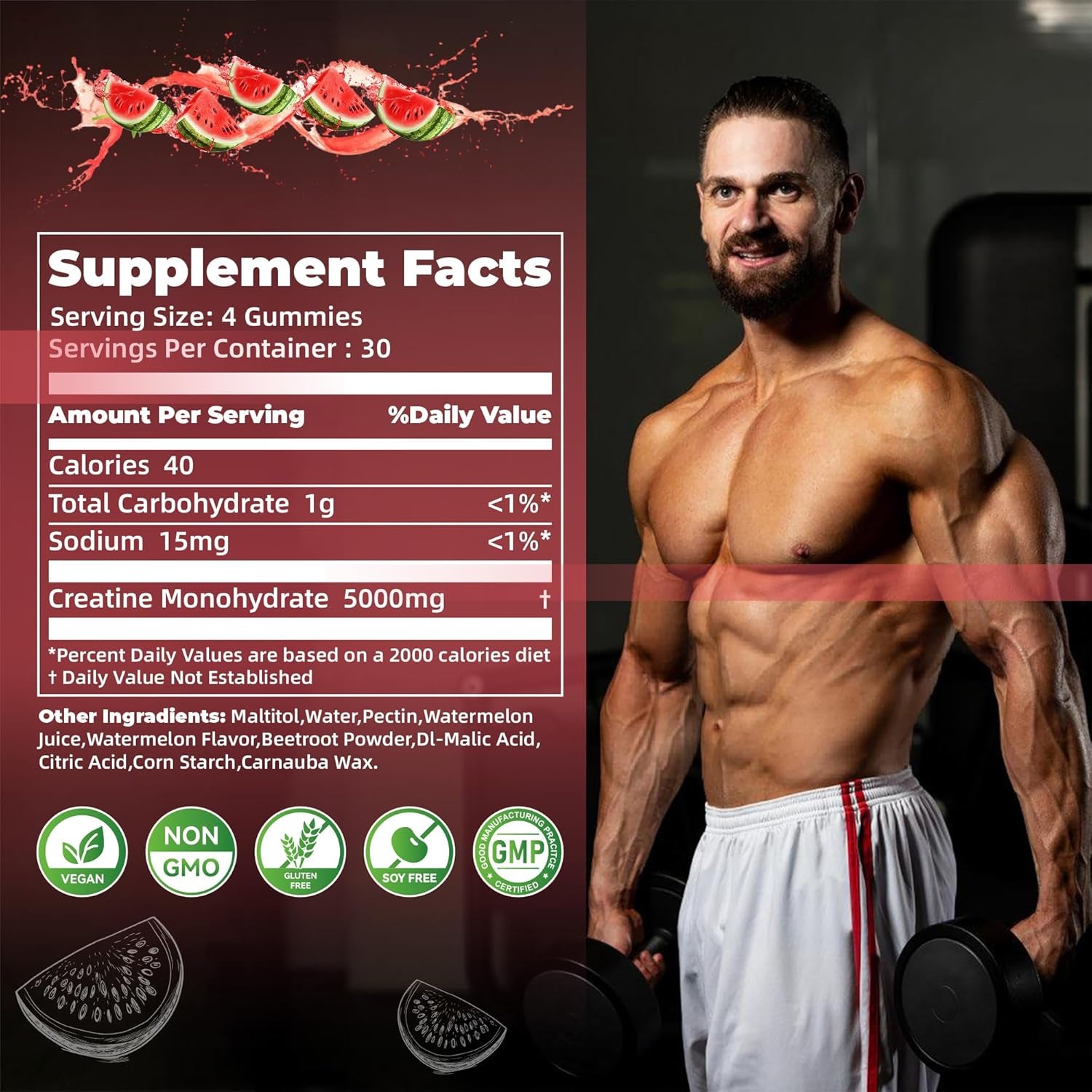 NSF Certified Creatine Gummy - Creatine Monohydrate Gummies for Men & Women, Creatine Monohydrate for Muscle Strength, Muscle Builder, Energy Boost, Pre-Workout Supplement(120 Count)-Watermelon Flavor